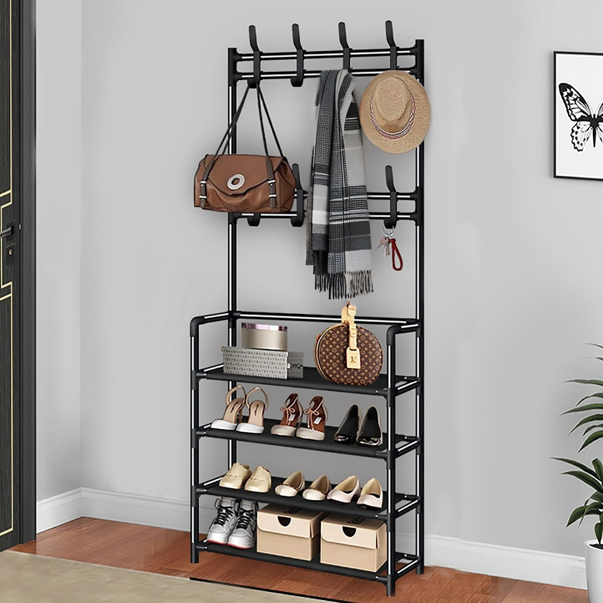 HIOHA 4-Tier Shoe Rack with Coat Hooks, Modern Hall Tree for Entryway, Living Room \u0026 Office, 24x10x61 Inch, Black